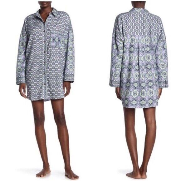 Free People Happy Holibabe Printed Long Sleeve Sleepshirt in Indigo Combo size M - Picture 5 of 16